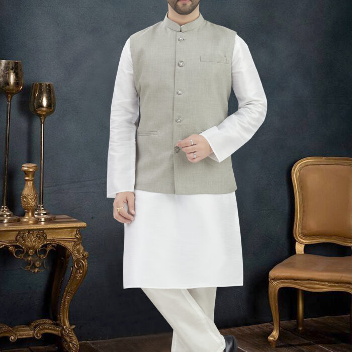 0SRK0024 WHITE KURTA PAJAMA WITH GREY WAIST-COAT