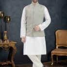 WHITE KURTA PAJAMA WITH GREY WAIST-COAT