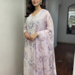 OFF WHITE PRINTED PAISLEY AND FLORAL MOTIFS HAND EMBROIDERY SUIT